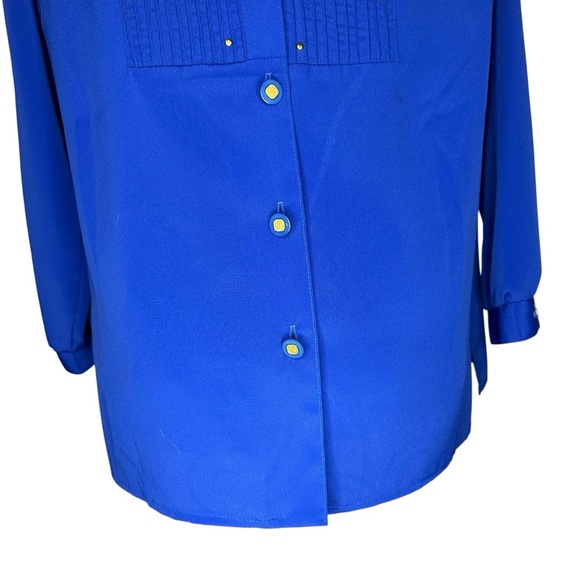 Vintage Regal Royal Blue Button Up Sheer Blouse - Gold Accents / Buttons - Sz L - Picture 7 of 9